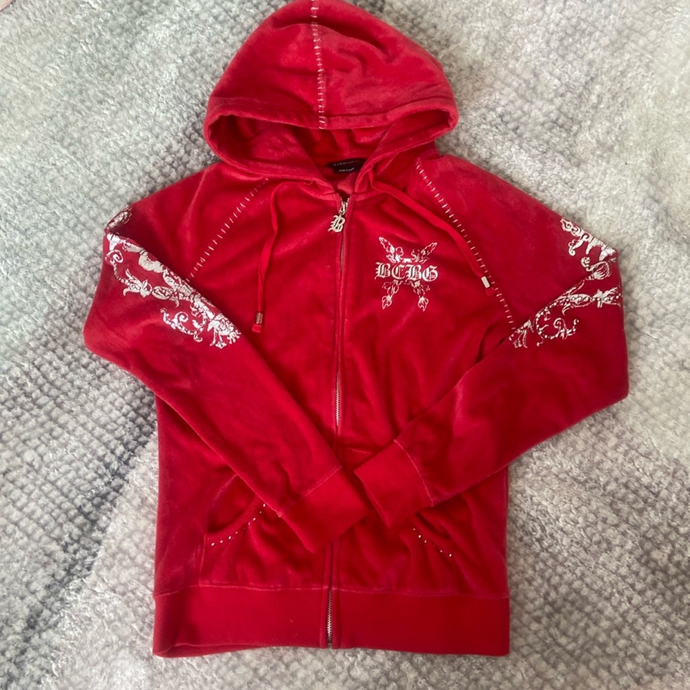 BCBGMaxAzria Red Velour Zip Hoodie with White Embroidered Details
